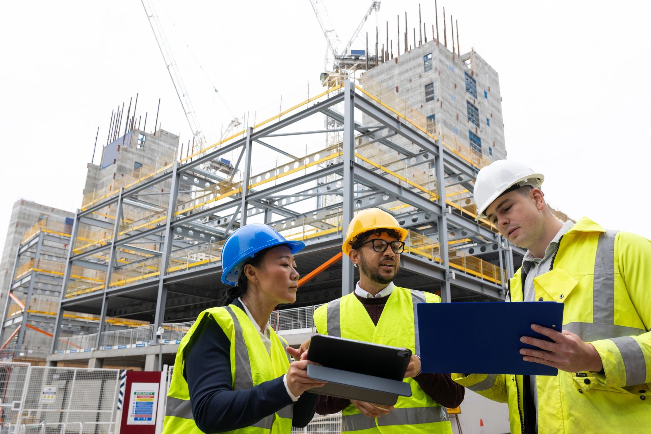 Construction professionals reviewing project plans at a commercial jobsite